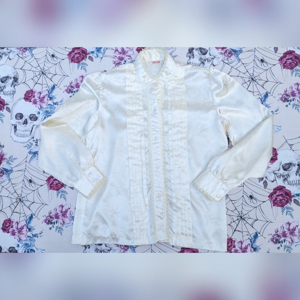Vintage For Verroia Cream White Satin Floral Pleated Front Ruffle Lace Blouse
